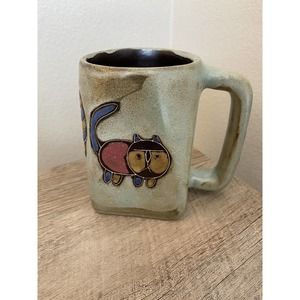 Design By Mara Stoneware Coffee Mug Cats Handmade Square Bottom Cup Mexico